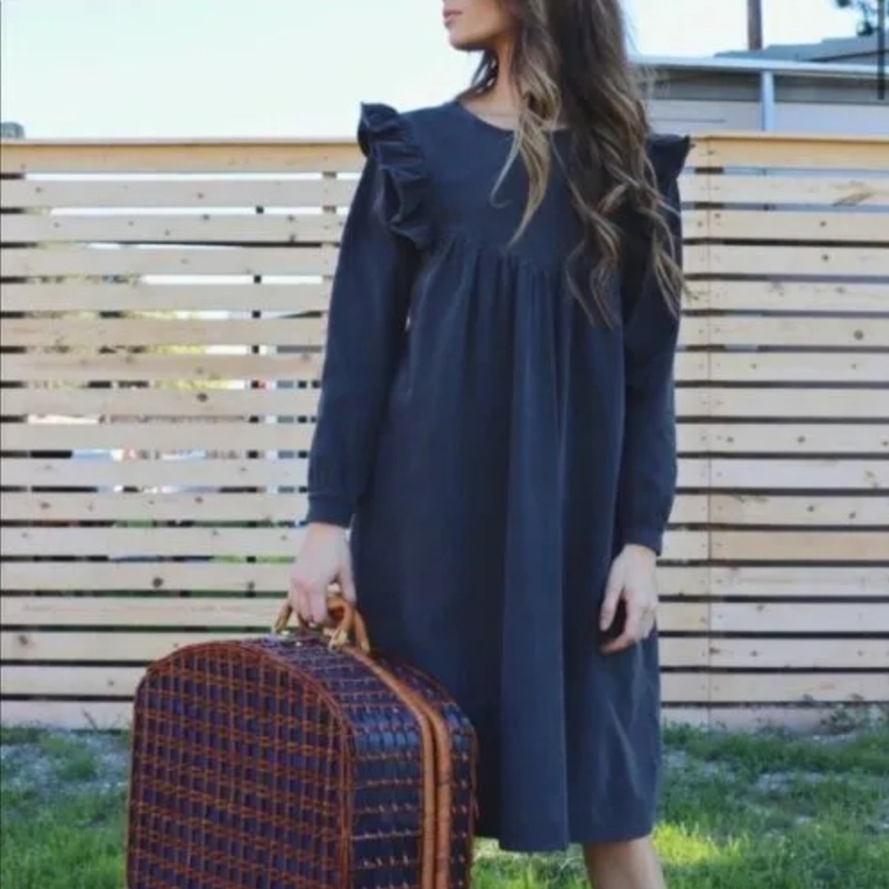 People Of Leisure Hannah Dress Small Black Ruffle Long Sleeve Stretch Modest
